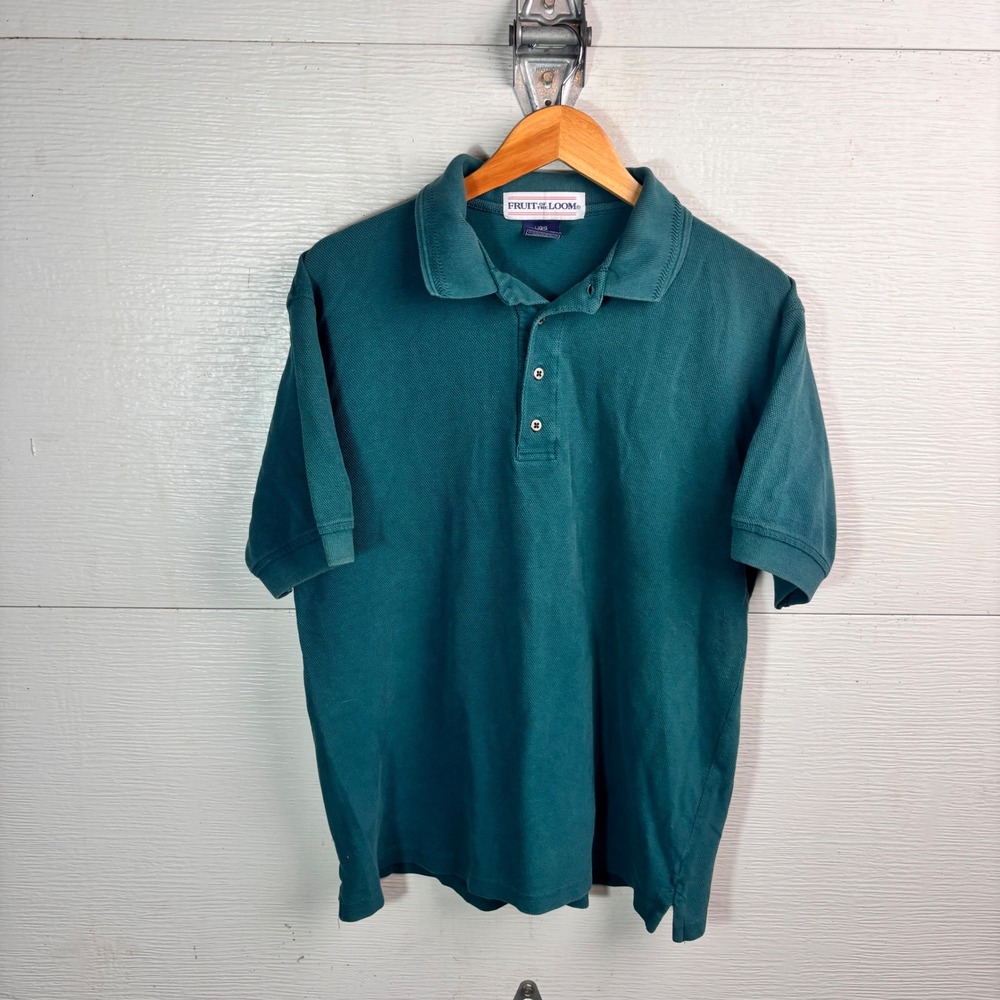 1990s Fruit Loom Polo Shirt Teal Green Blank Cotton Pique Vintage Large